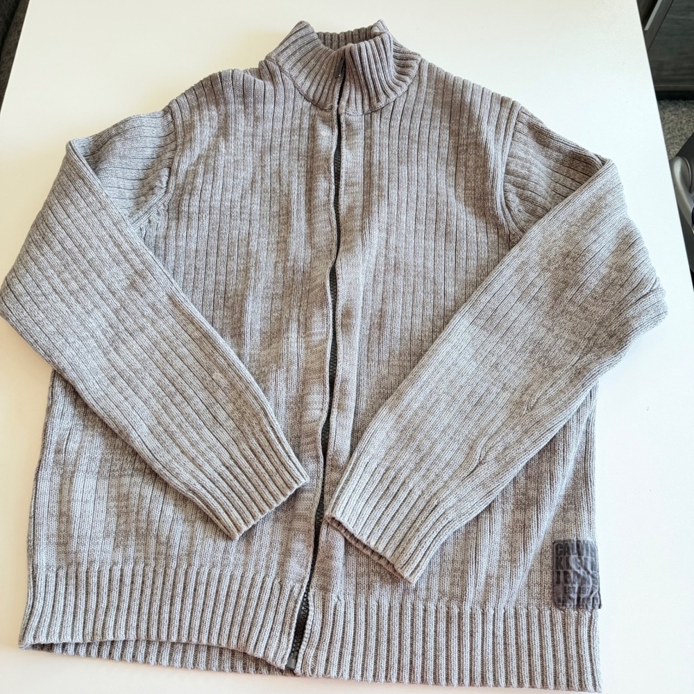 Calvin Klein Jeans Mens Grey Ribbed Full Zip Mock Neck Sweater Large
